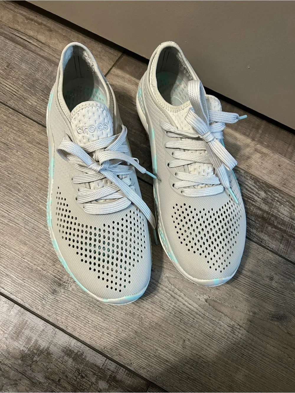 grey and marbled aqua Crocs LiteRide 360 Pacer sneakers